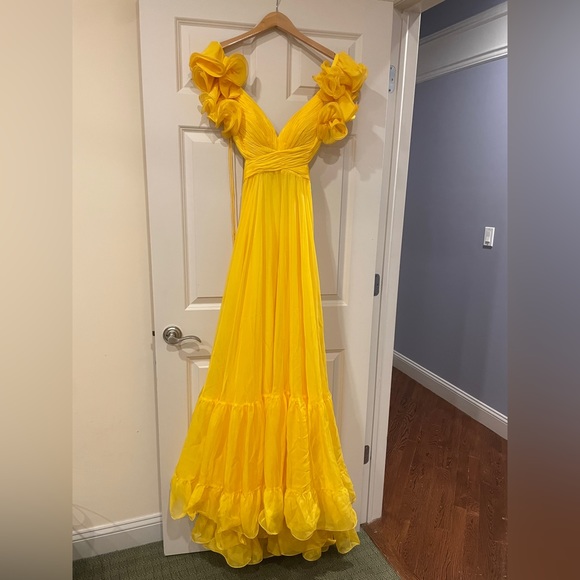 Ruffle Shoulder Lace Up Gown in Sunshine from Mac Duggal - Picture 4 of 5